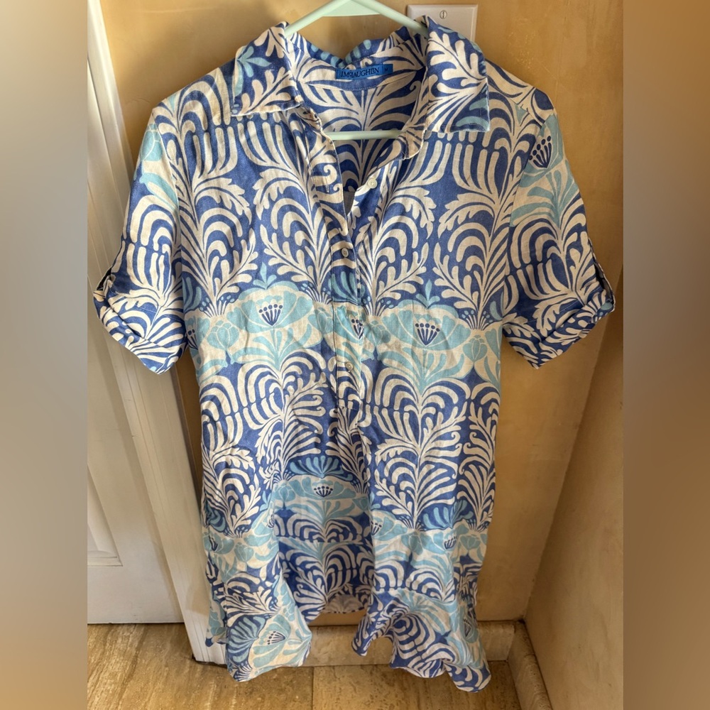 J. Mclaughlin Blue And White Leaf Pattern Linen D… - image 1